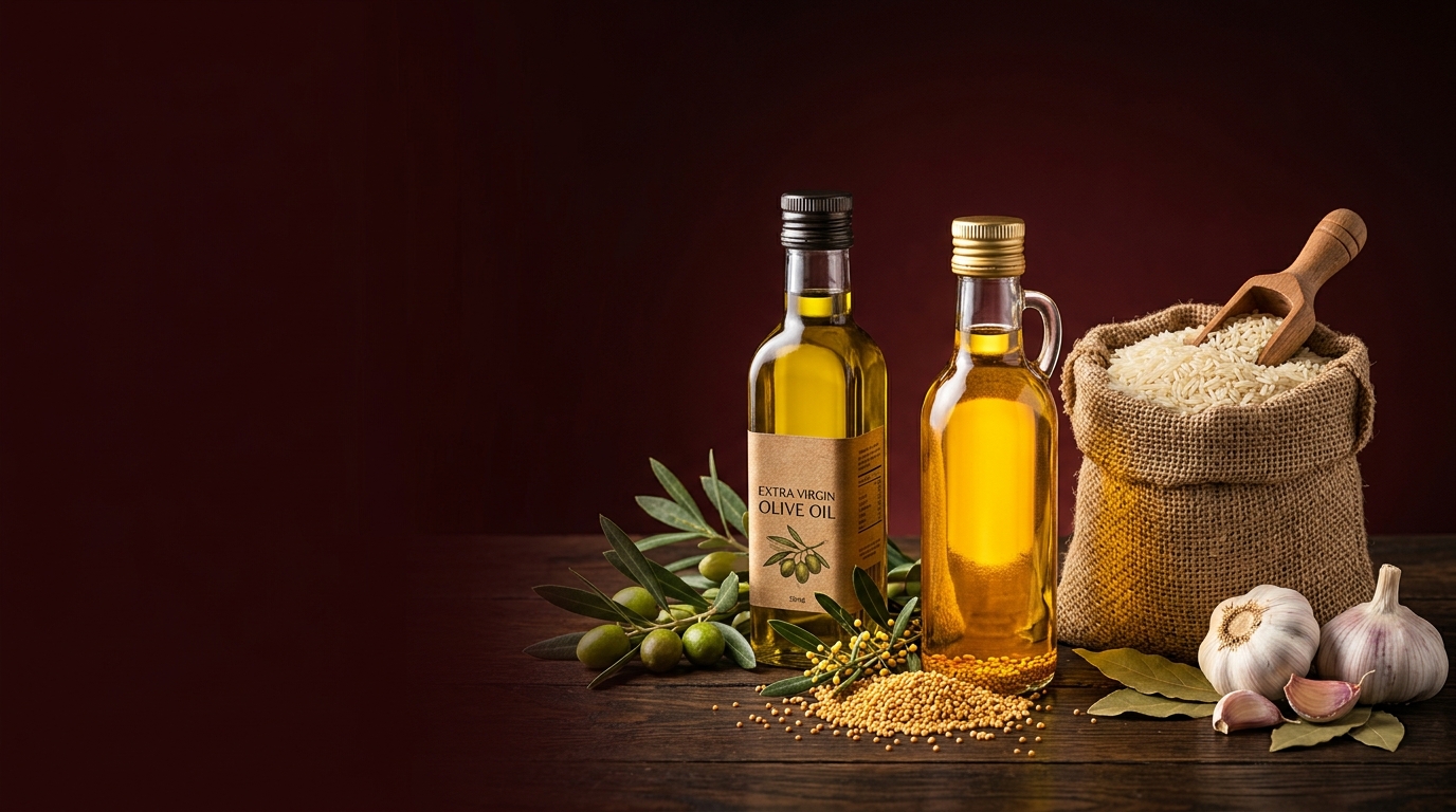 Extra Virgin Olive Oil, Pure Mustard Oil and Aged Long Grain Basmati Rice